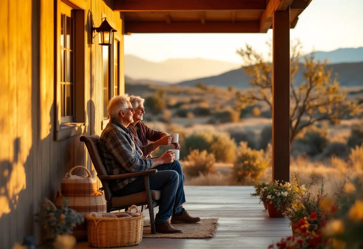 Retired couple enjoying coffee on their porch overlooking the Nevada high desert at sunset