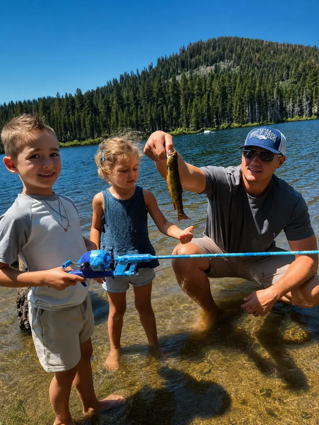 Daniel Faiella fishing with his two children at a Sierra Nevada mountain lake