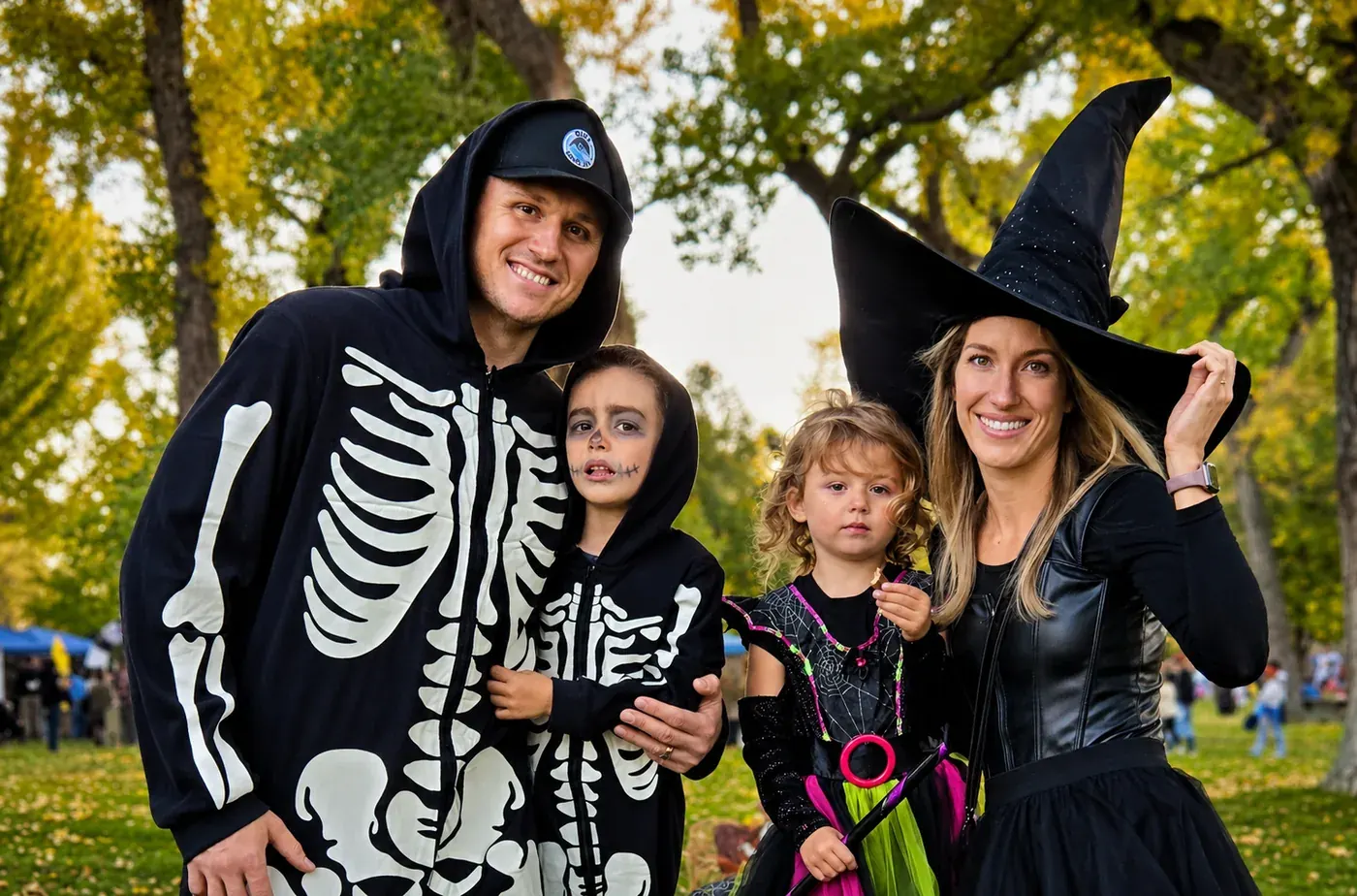 Daniel Faiella with his wife and two children in Halloween costumes at a Northern Nevada park